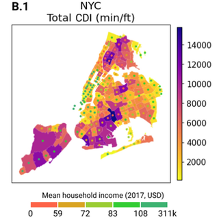 New York City map of contact density and neighbourhood income in April 2020