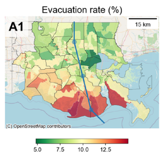 Evacuation patterns in merged census tracts; panel A1 maps evacuation rate in wave 1, with Hurricane Ida trajectory overlaid.