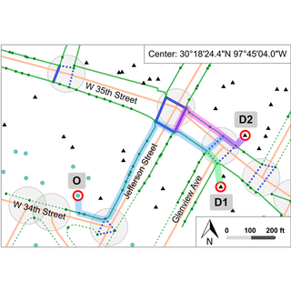 Pedestrian network routes linking an origin and two destinations in Austin